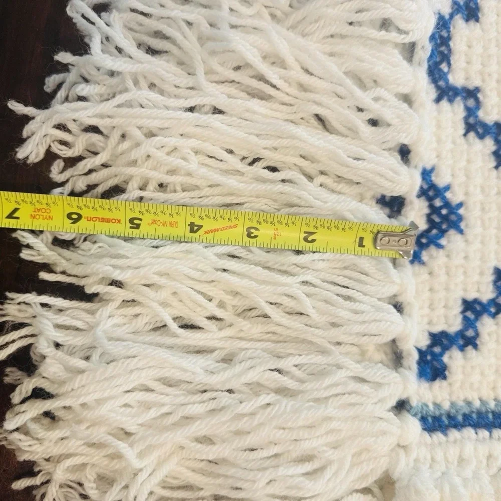 Vintage Handmade Crochet Afghan Throw & Matching Pillow Blue White Charleston
